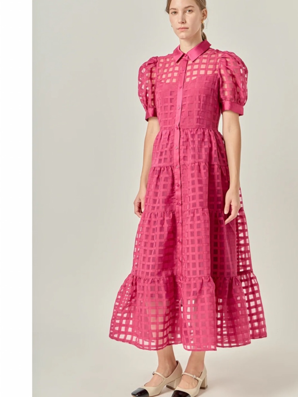 New With Tags : English Factory Fuchsia Checkered Puff Sleeve Midi Dress